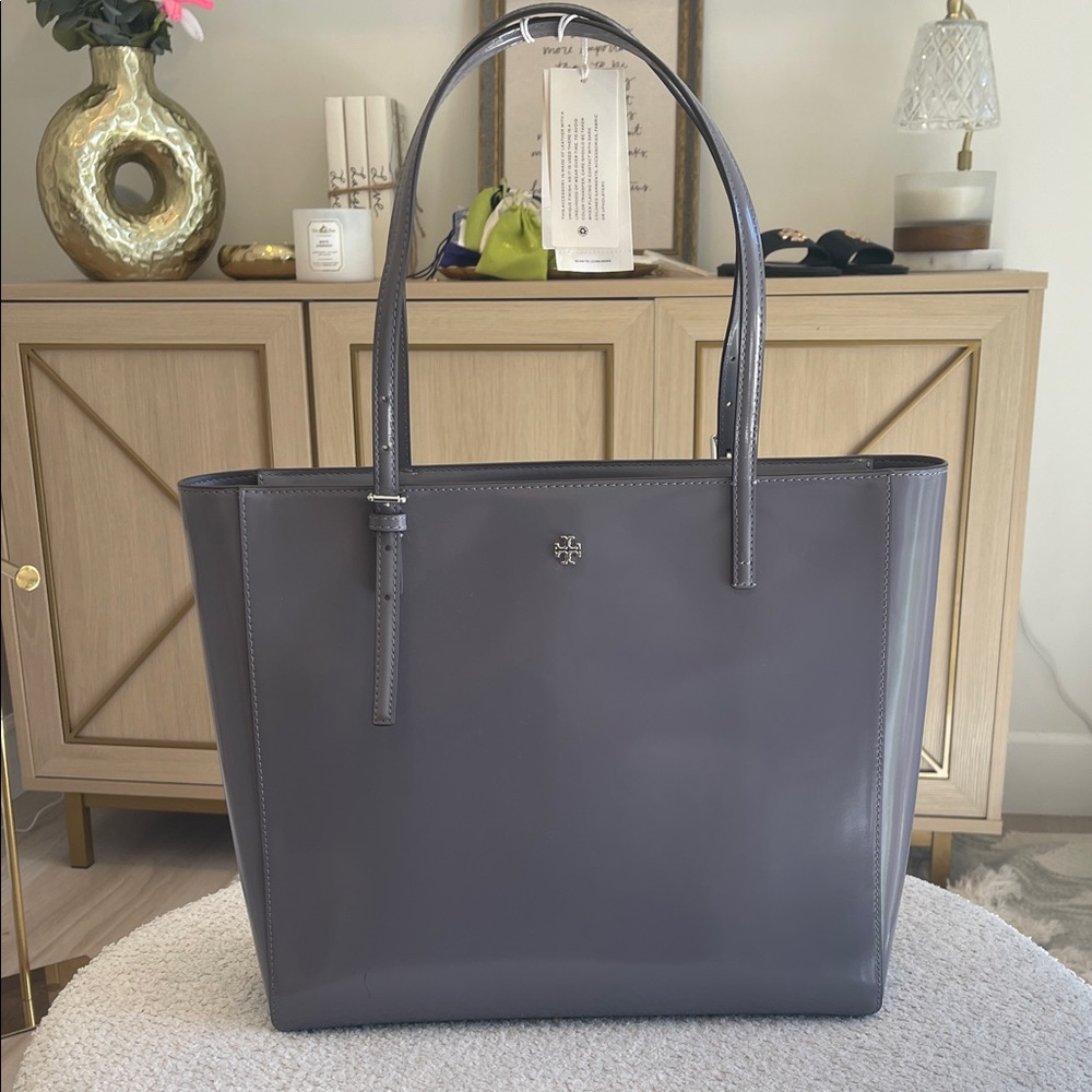 Tory Burch Glossy Slate Leather Tote